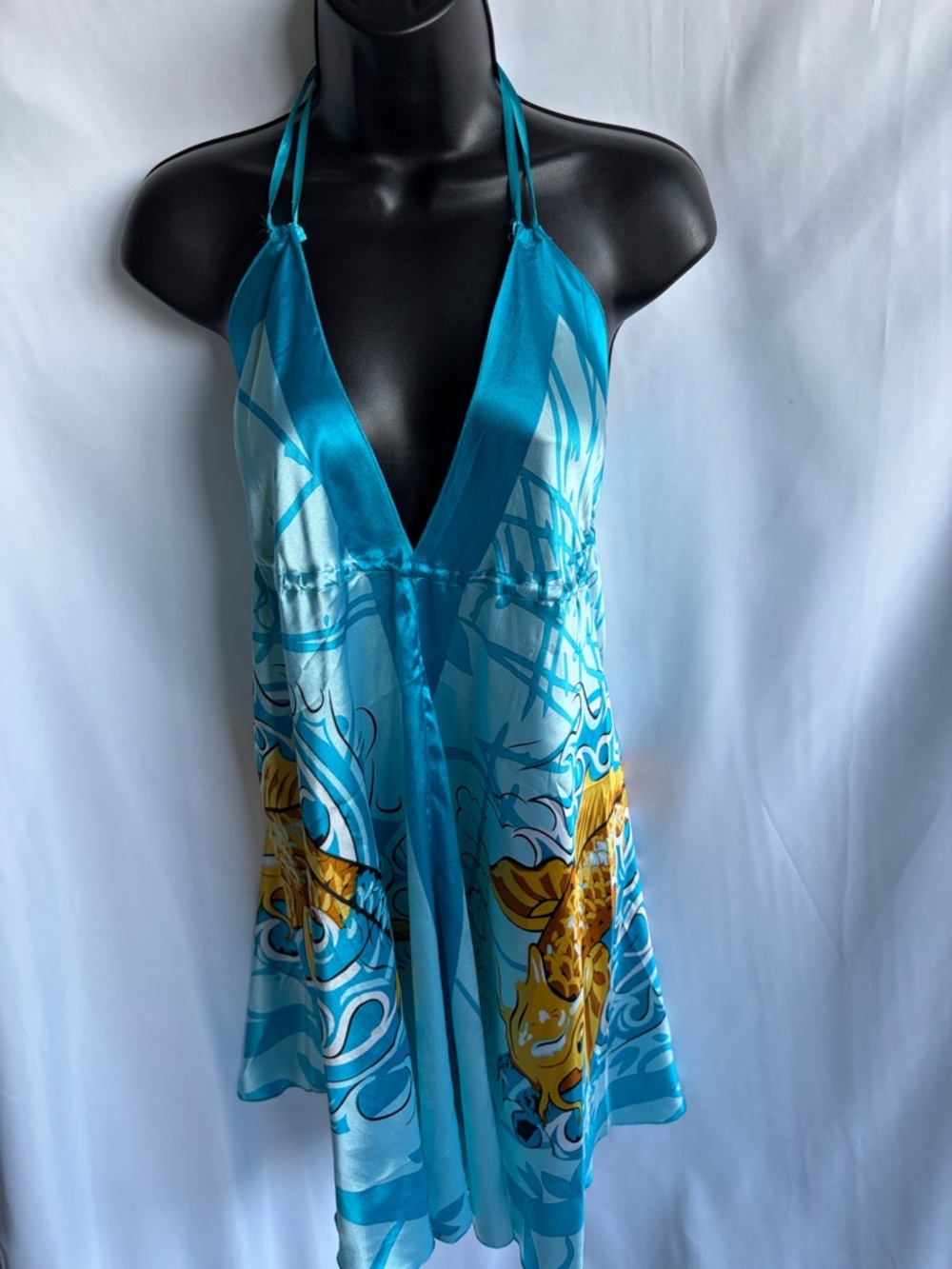 My Choice VTG Y2K Blue Coi Boho Hippie Halter Dress, sz L (OSFM)